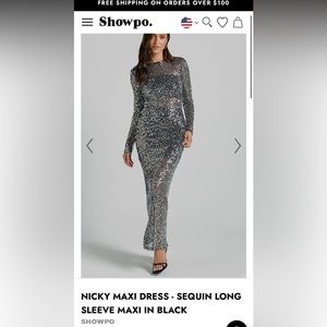 Showpo Silver long sleeve sheer sequin maxi dress. Worn once. Size 6